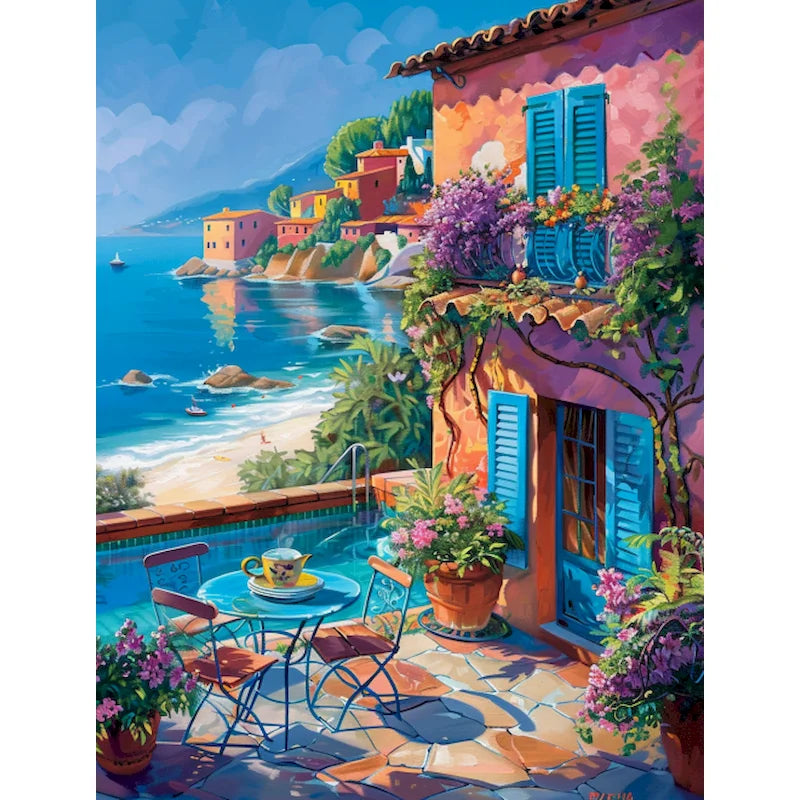 Sunlit Coastal Villages Paint by Number Kits for Adults