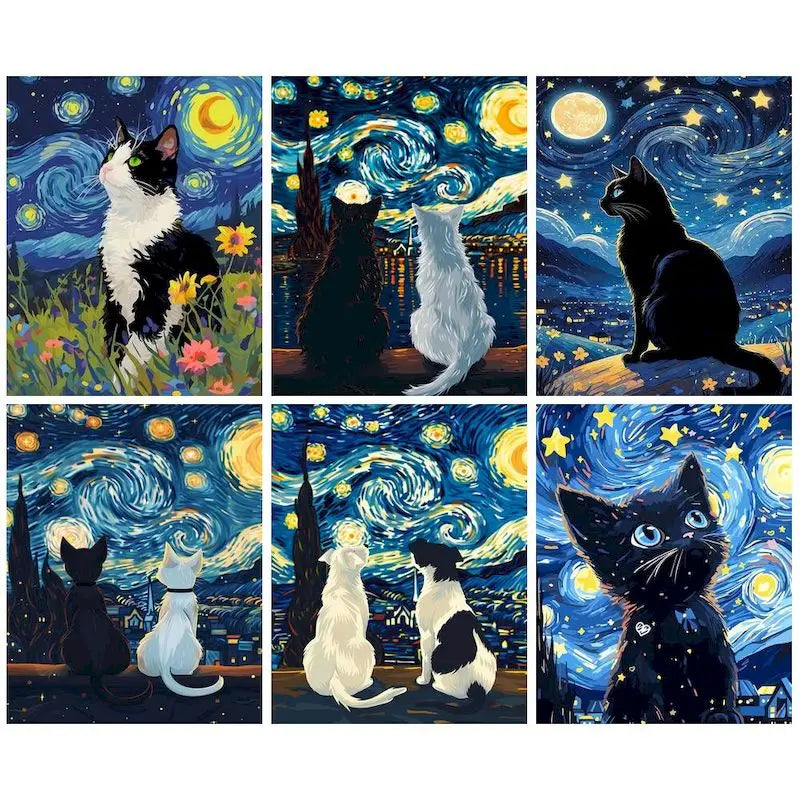 Starry Night Cat Paint by Numbers