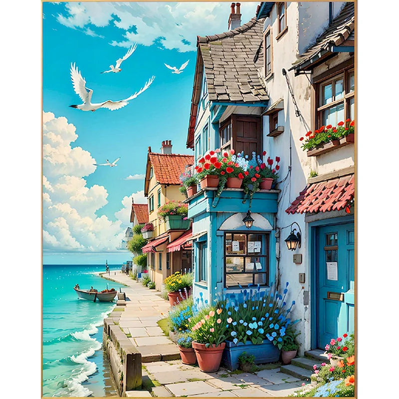 Sunlit Coastal Villages Paint by Number Kits for Adults