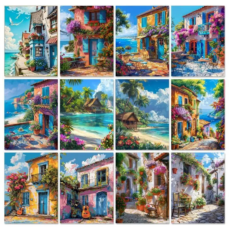 Sunlit Coastal Villages Paint by Number Kits for Adults
